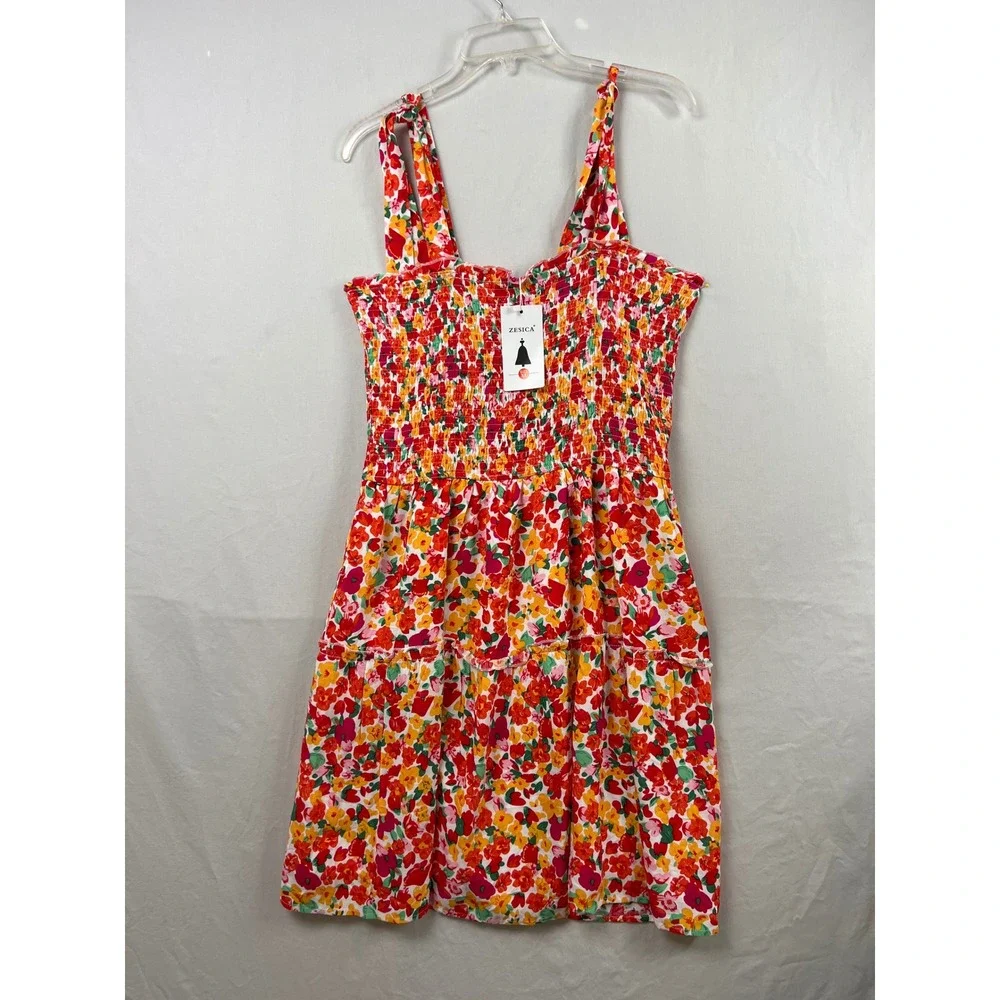 ZESICA Floral Mini Dress Women XL Red Orange Smocked Tie Strap Tiered Cottage